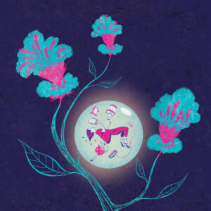 Une jeune fille lit dans une bulle portée par une plante bleu et rose. sur un fond bleu nuit.